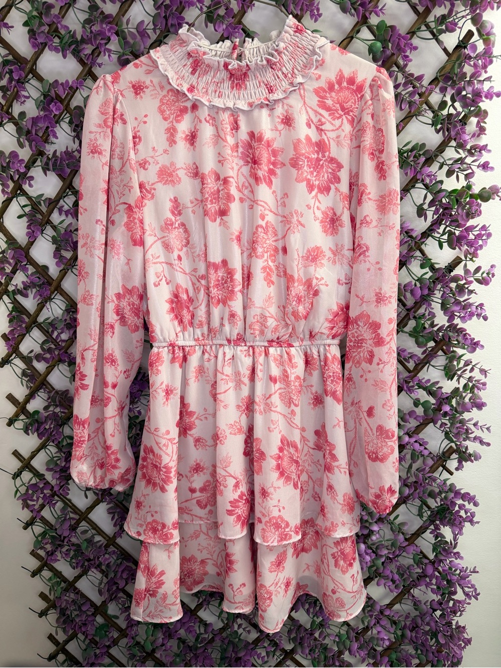 Crystal Doll Pink Floral Ruffled-Neck Mini Dress